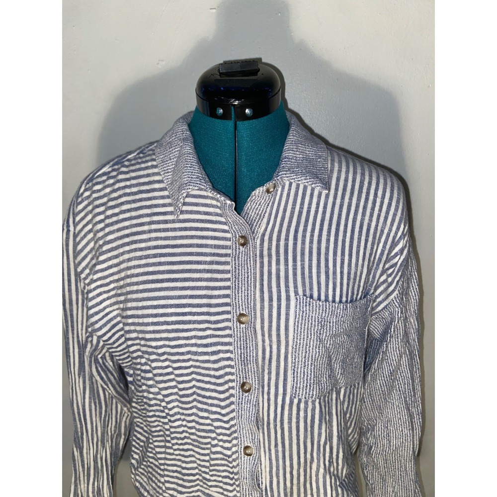 Thread & Supply W Blue White Striped Mixed Pattern Coastal Nautical Button Down